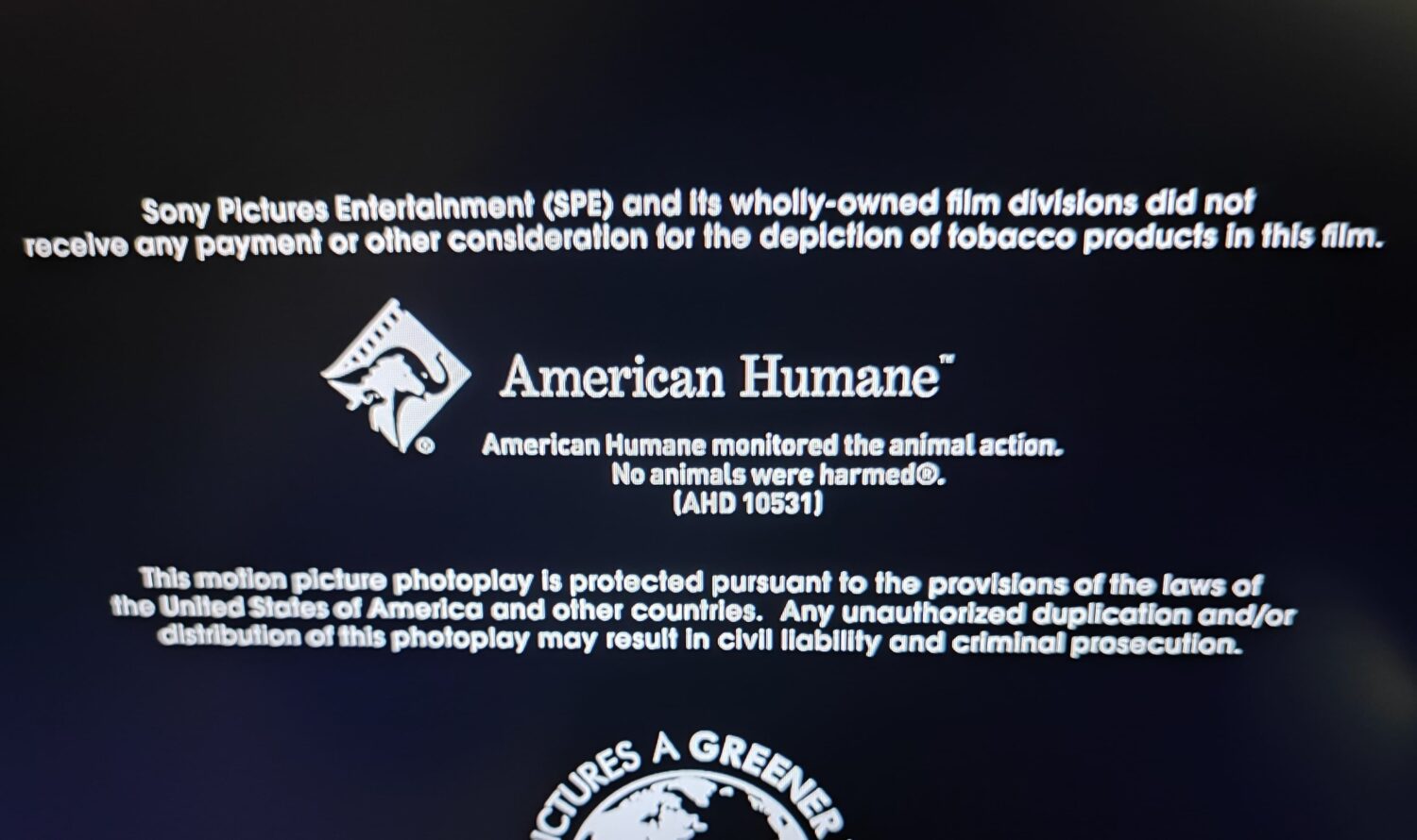 映画のエンドクレジットに表示される「American Humane」の「No animals were harmed」の表記